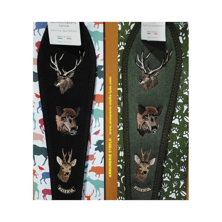 Bretelle carabine Riserva cordura noir/néoprène + broderie 3 animaux